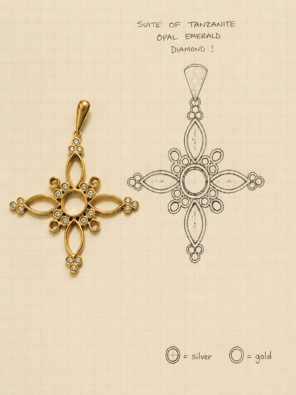 Hand sketch and finished gold pendant design